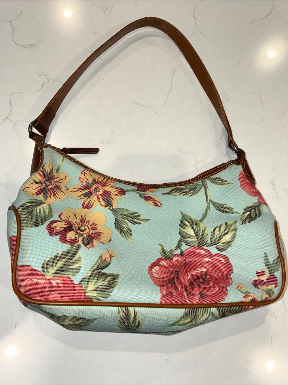 Vintage Fossil Blue Floral Tapestry Canvas & Leather Shoulder Bag Purse 75082